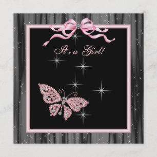 Invitation Bain de bébé fille papillon rose noir Jewel