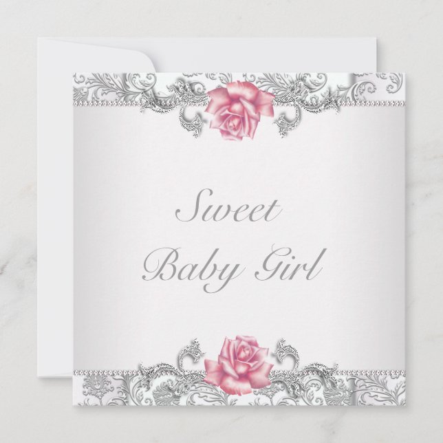 Invitation Bain de Bébé Fille Rose Damassé (Devant)