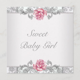 Invitation Bain de Bébé Fille Rose Damassé