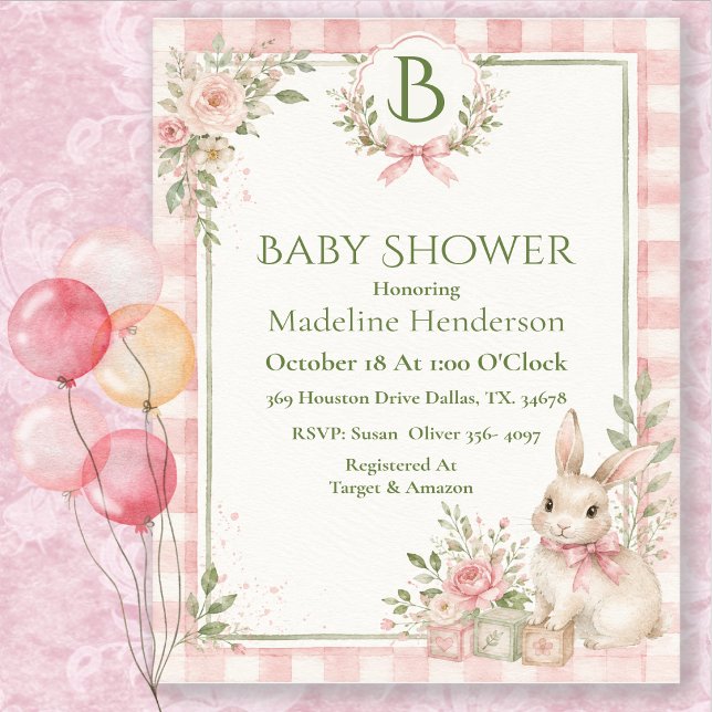 Invitation Bain de bébé Fille Rose Gingham Classique Monogram (Créateur téléchargé)