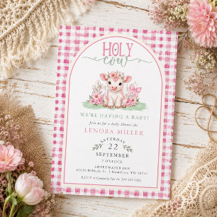 Invitation Bain de bébé Fille Sainte Vache Rose à Carreaux
