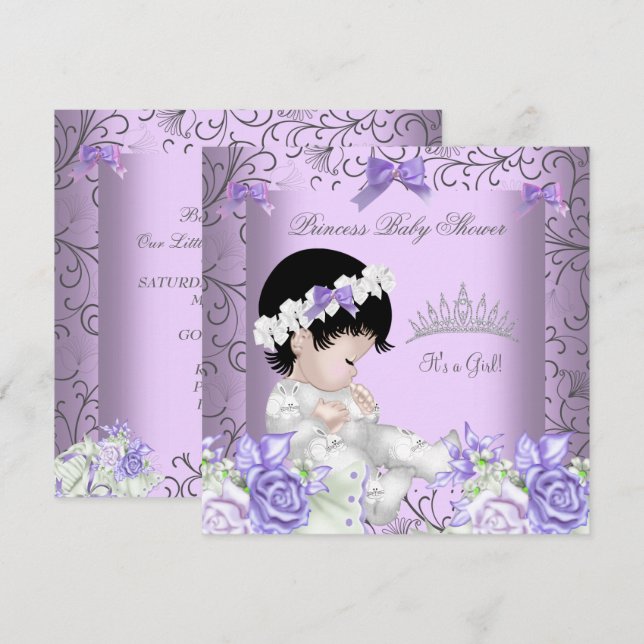 Invitation Bain de bébé fille vintage lavande gris (Devant / Derrière)