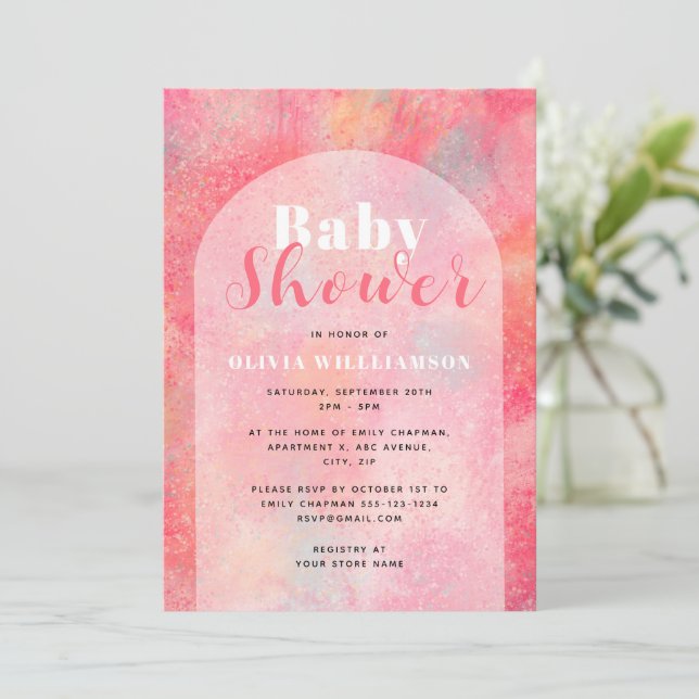 Invitation Bain de bébé Filles Abstrait Aquarelle Rose (Debout devant)