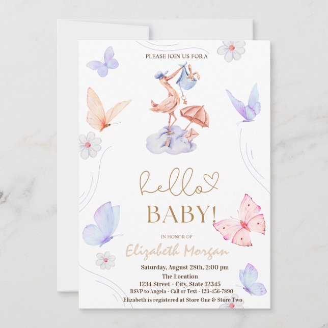 Invitation Bain de bébé Fleur Papillon et Cigogne à l'aquarel (Devant)