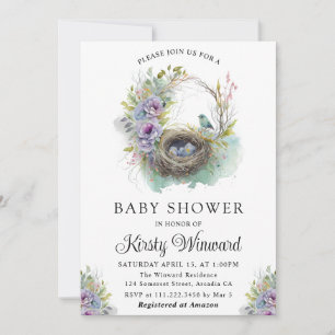 Invitation Bain de bébé Fleurs Aquarelle Nid d'oiseau de prin