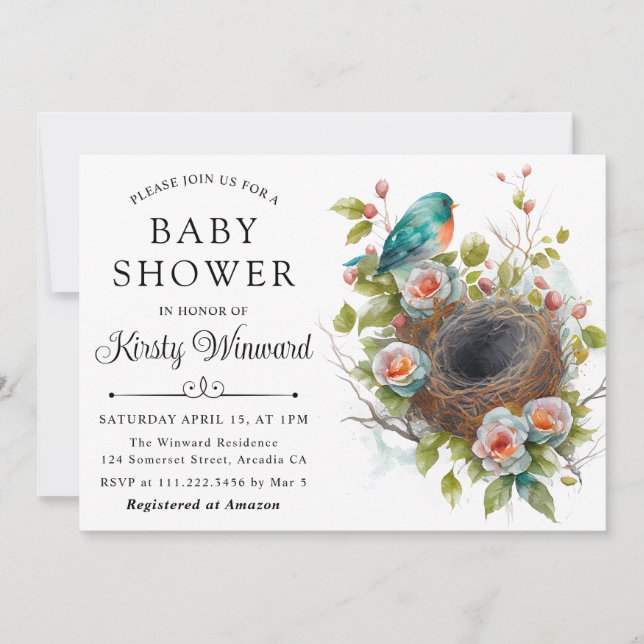 Invitation Bain de bébé Fleurs Aquarelle Nid d'oiseau de prin (Devant)