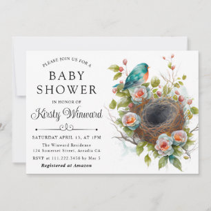 Invitation Bain de bébé Fleurs Aquarelle Nid d'oiseau de prin