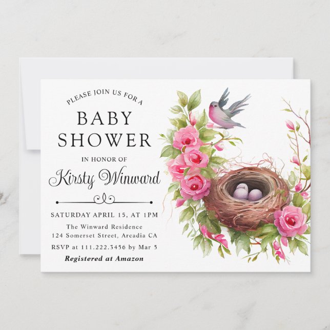 Invitation Bain de bébé Fleurs Aquarelle Printemps Nid d'oise (Devant)