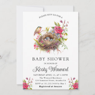 Invitation Bain de bébé Fleurs Aquarelle Printemps Nid d'oise