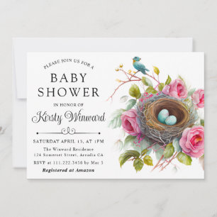 Invitation Bain de bébé Fleurs de printemps Nid d'oiseau aqua
