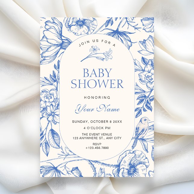 Invitation Bain de bébé floral artistique bleu classique (Créateur téléchargé)