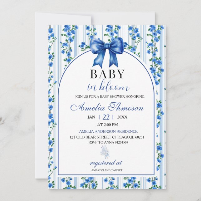 Invitation Bain de bébé floral chic Boho Bleu Fleur sauvage g (Devant)