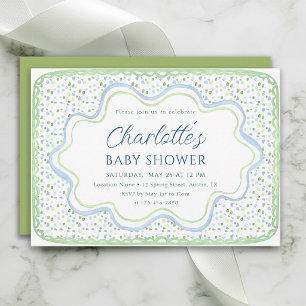 Invitation Bain de bébé garçon à l'aquarelle vert mousse et b