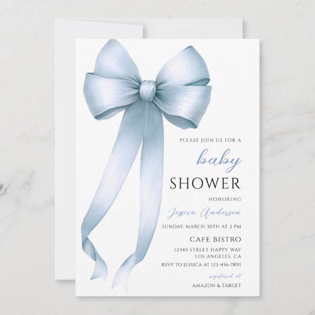 Invitation Bain de bébé garçon à noeud coquette bleu (Devant)