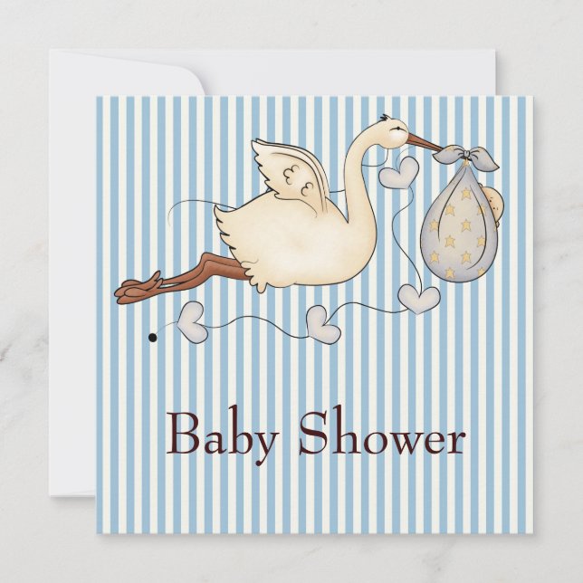 Invitation Bain de bébé garçon à rayures bleues avec cigogne (Devant)
