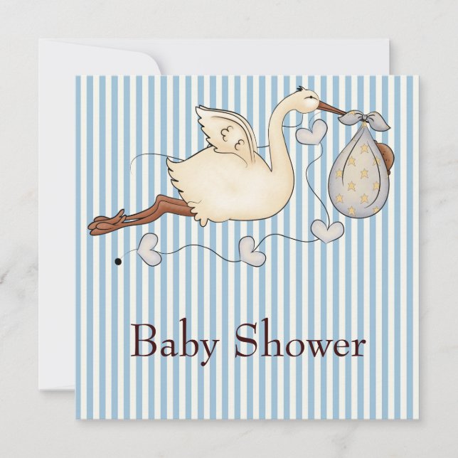 Invitation Bain de bébé garçon à rayures bleues avec cigogne (Devant)