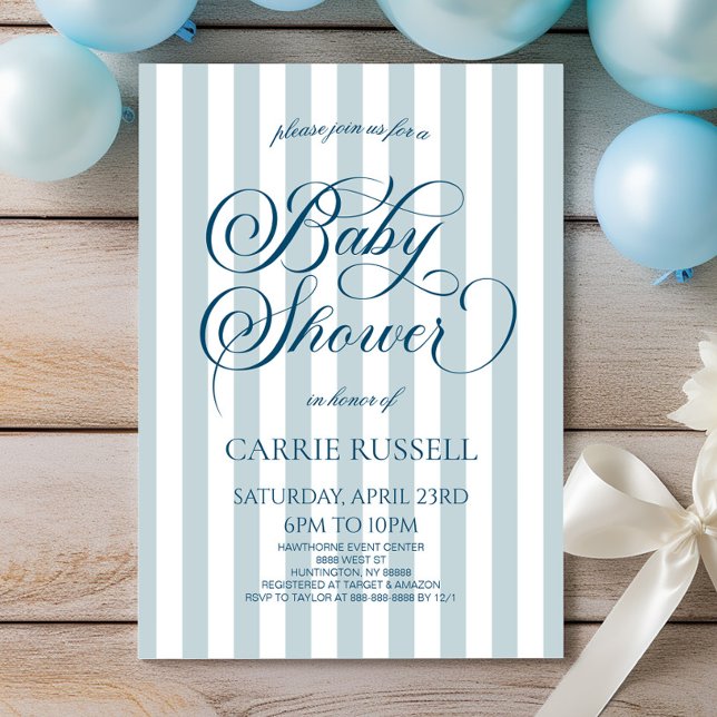 Invitation Bain de bébé garçon aux rayures bleues élégantes c (Créateur téléchargé)