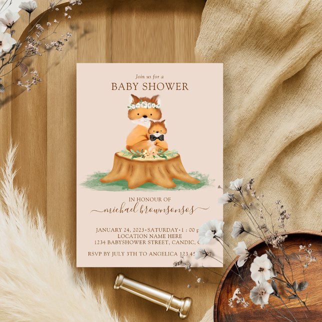 Invitation Bain de bébé garçon beige renard aquarelle (Créateur téléchargé)