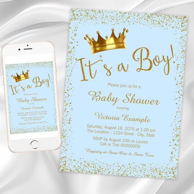 Invitation Bain de bébé garçon Bleu doré pour bébé (Baby Blue Gold Baby Shower Invitation. Instant download and printed invitations available.)