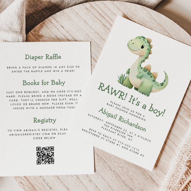 Invitation Bain de bébé garçon code QR dinosaure vert mignon (Créateur téléchargé)
