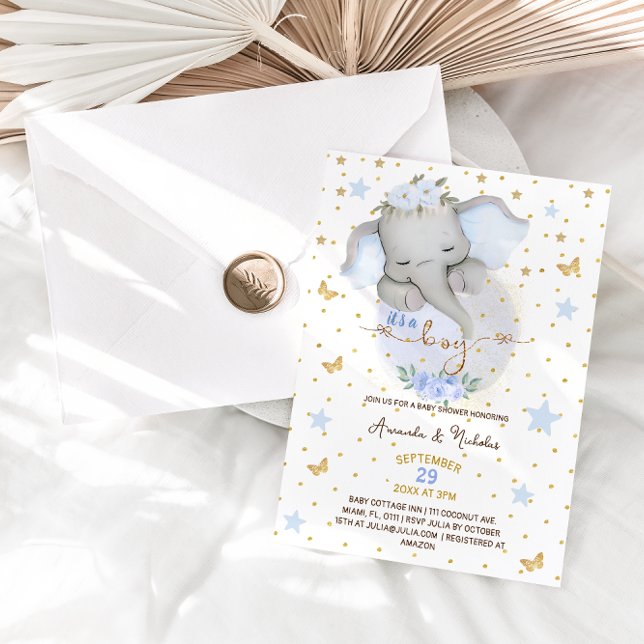 Invitation Bain de bébé garçon éléphant bleu mignon (Créateur téléchargé)