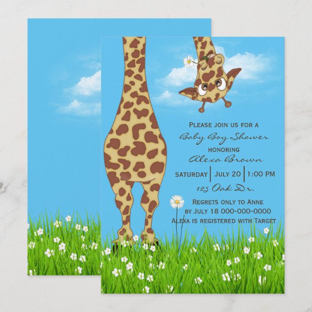 Invitation Bain de bébé garçon girafon mignon (Devant / Derrière)