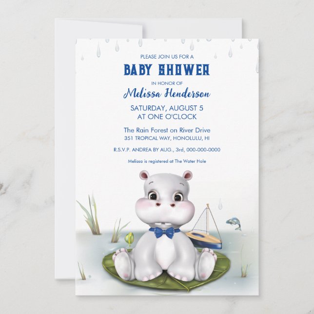 Invitation Bain de bébé garçon Hippo (Devant)