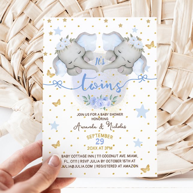 Invitation Bain de bébé garçon jumeaux éléphant (Créateur téléchargé)