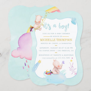 Invitation Bain de bébé garçon licorne rhinocéros aquarelle m