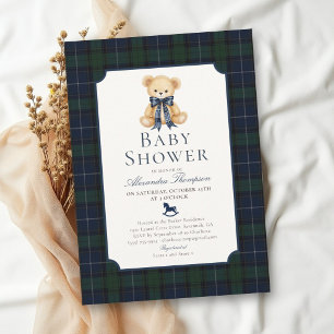 Invitation Bain de bébé garçon Ourson carreaux Tartan Navy