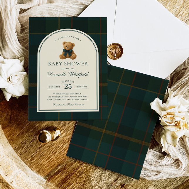 Invitation Bain de bébé garçon Ourson Tartan Polo (Créateur téléchargé)