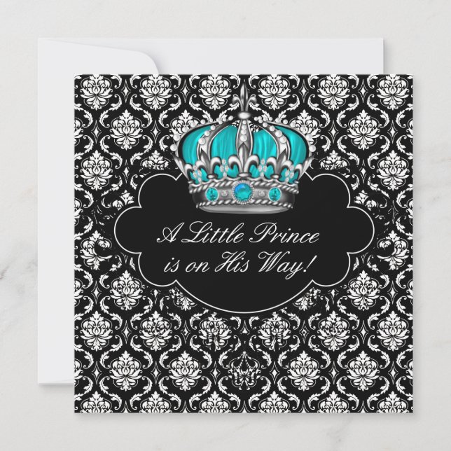 Invitation Bain de bébé garçon Prince en Damas Bleu Turquoise (Devant)