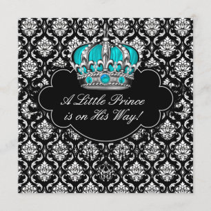Invitation Bain de bébé garçon Prince en Damas Bleu Turquoise