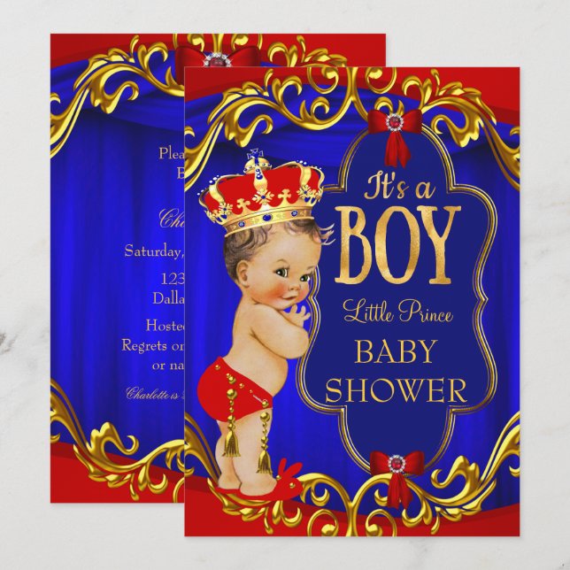 Invitation Bain de bébé garçon royal bleu rouge Prince (Devant / Derrière)