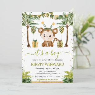 Invitation Bain de bébé garçon singe de jungle à l'aquarelle