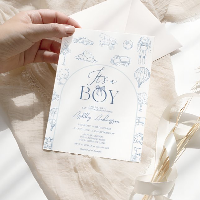Invitation Bain de bébé garçon sur le thème Toile De Jouy Ble (Créateur téléchargé)