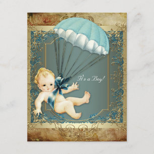 Invitation Bain de bébé garçon vintage bleu sarcelle et or