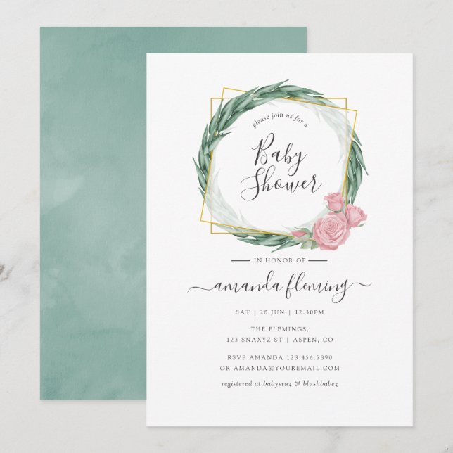 Invitation Bain de bébé géométrique à l'aquarelle Eucalyptus  (Devant / Derrière)