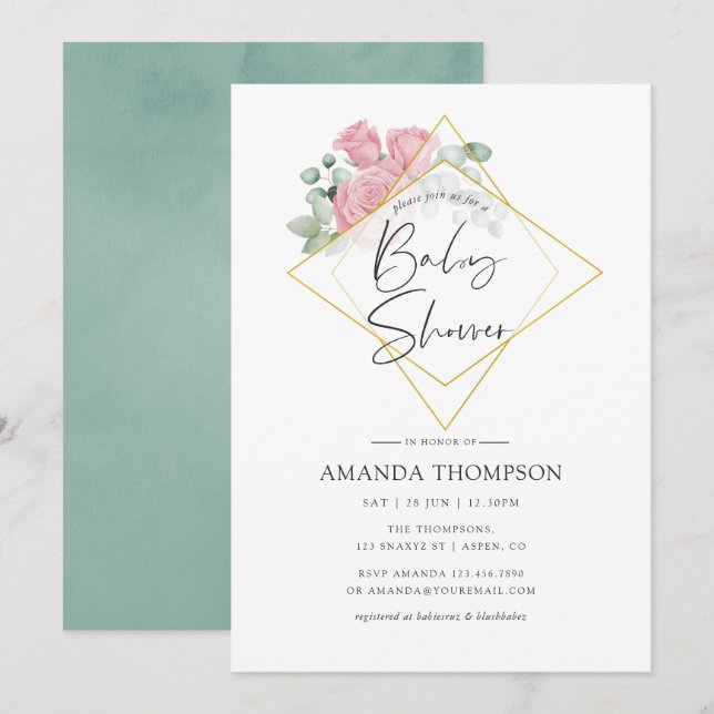 Invitation Bain de bébé géométrique à l'aquarelle Eucalyptus  (Devant / Derrière)