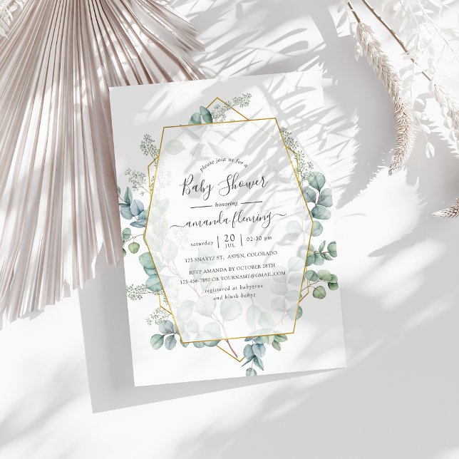 Invitation Bain de bébé géométrique à l'aquarelle eucalyptus (Watercolor Eucalyptus Geometric Baby Shower Invitation)