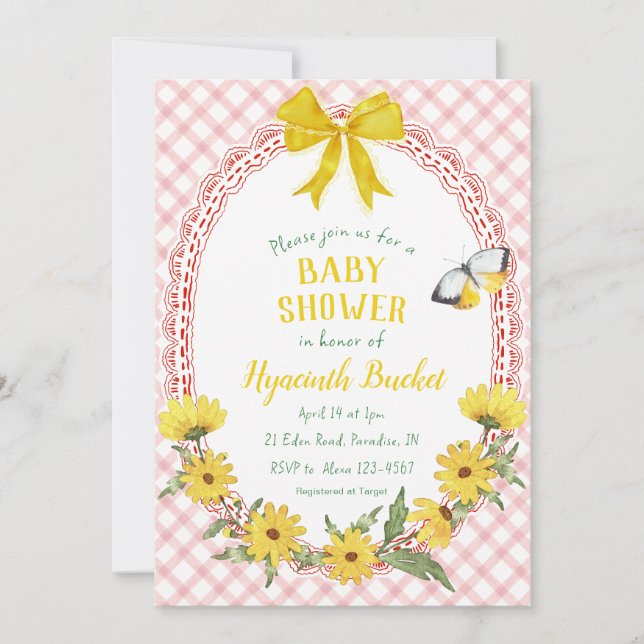 Invitation Bain de bébé Gingham à nœud papillon rouge jaune D (Devant)