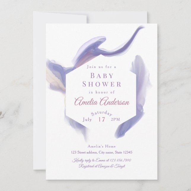 Invitation Bain de bébé Hexagone Aquarelle Lilas (Devant)