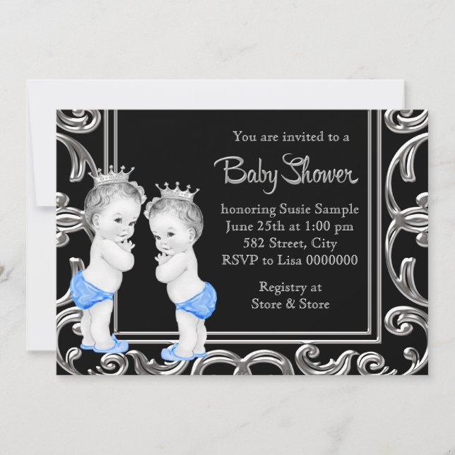 Invitation Bain de bébé jumeaux garçon noir, bleu et argent (Devant)