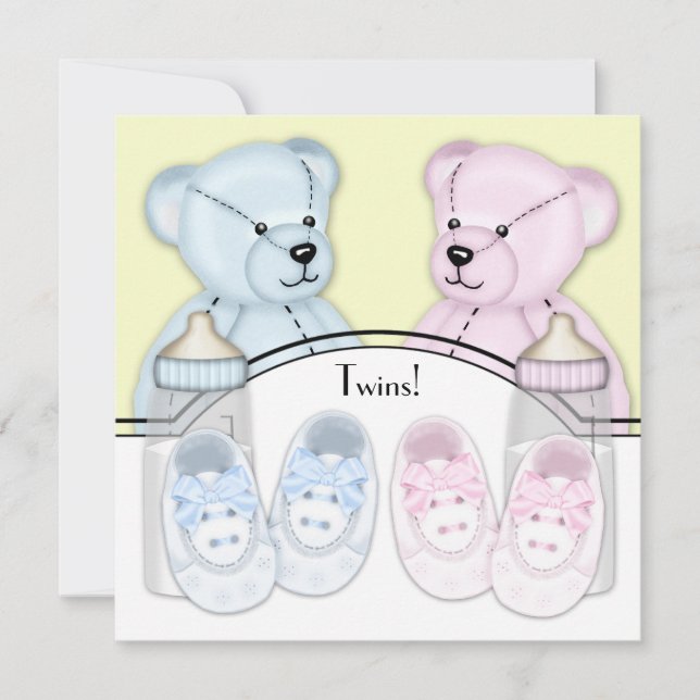 Invitation Bain de bébé jumeaux ourson rose bleu (Devant)