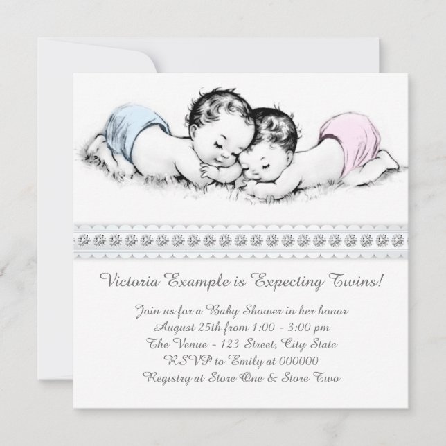 Invitation Bain de bébé jumeaux rose et bleu élégant (Devant)