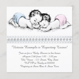 Invitation Bain de bébé jumeaux rose et bleu élégant