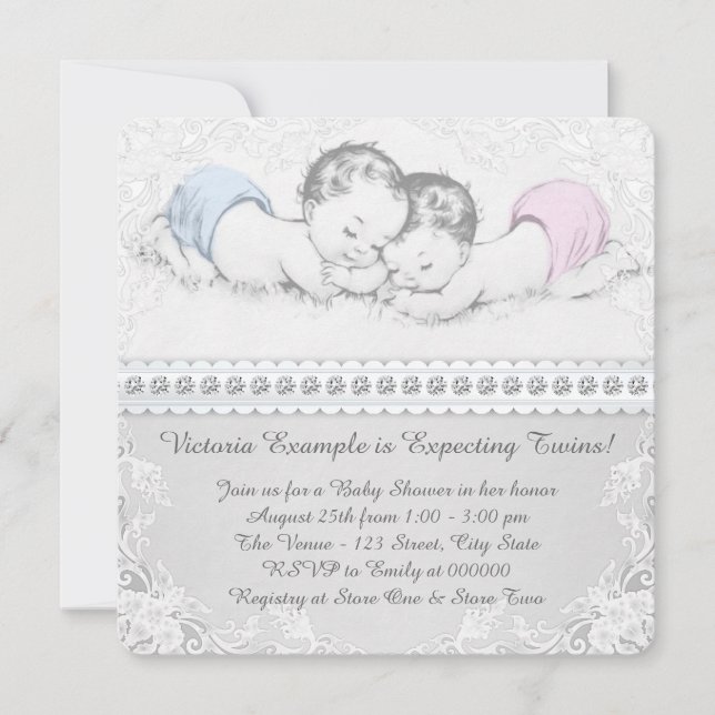 Invitation Bain de bébé jumeaux rose et bleu élégant (Devant)
