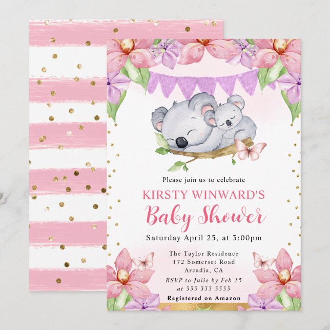 Invitation Bain de bébé Koalas et Fleurs à l'aquarelle Mignon (Devant / Derrière)