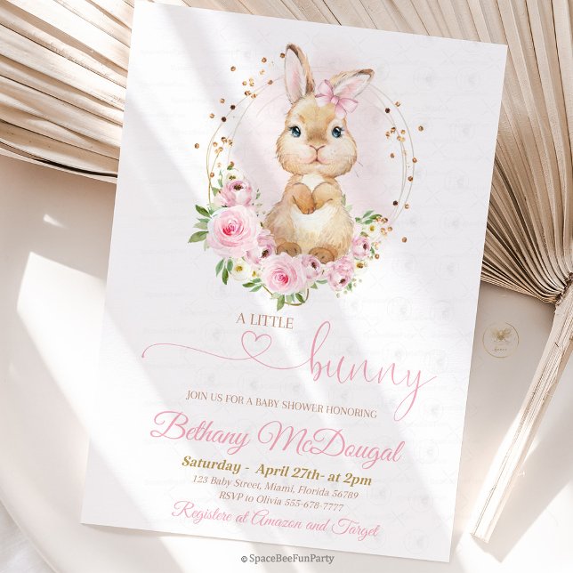 Invitation Bain de bébé lapin  (Bunny baby shower, invitation ,baby shower,Some Bunny,Invite Easter,Rabbit Girl,Spring Floral,Pink a)