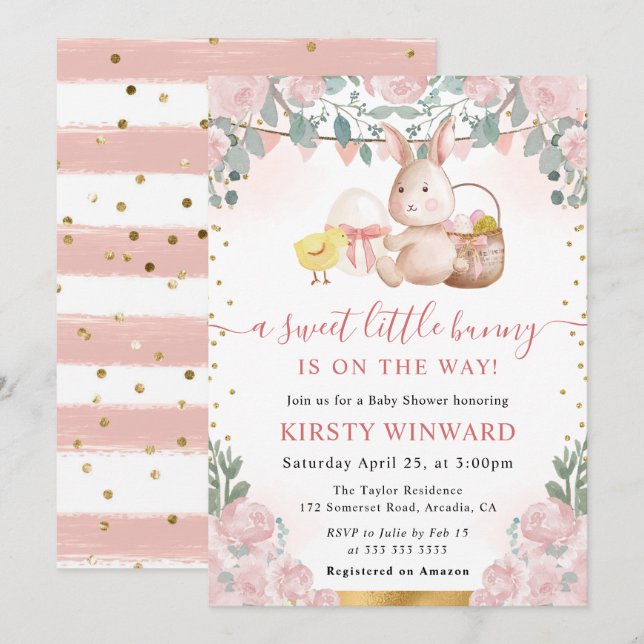 Invitation Bain de bébé Lapin aquarelle et fleurs roses (Devant / Derrière)